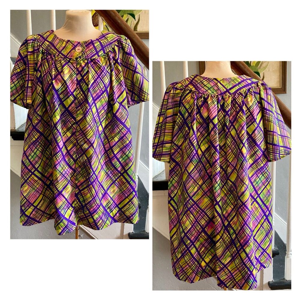 1970s Psychedelic Watercolor Plaid Dayglo Mod Mini Dress Tunic Smock Trapeze